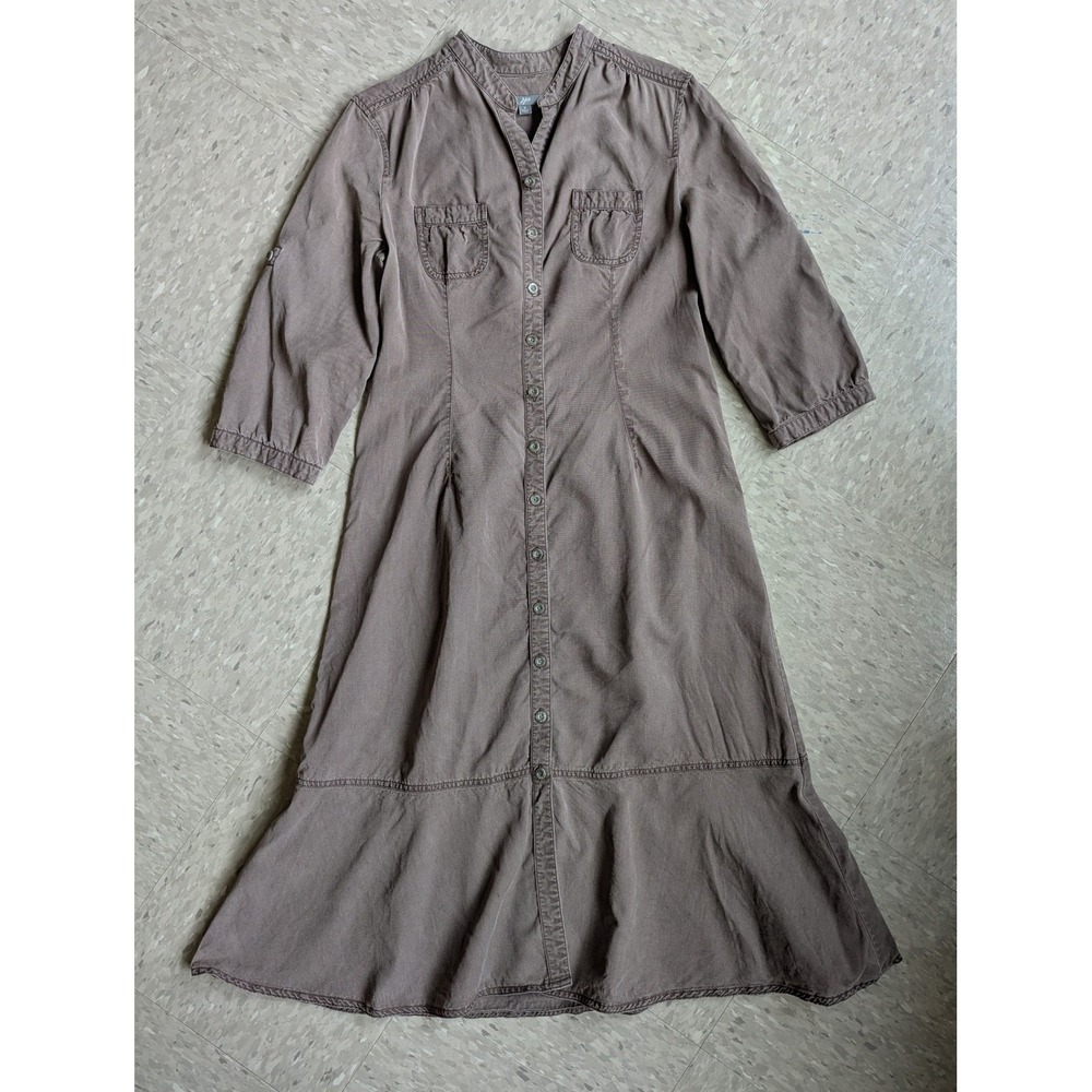 J. Jill Brown Button Front Roll Sleeve Midi Dress Minimalist Lagenlook Utility - Picture 3 of 9